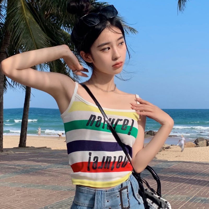 Áo Hai Dây Dệt Kim In Chữ Thời Trang Mùa Hè Cho Nữ