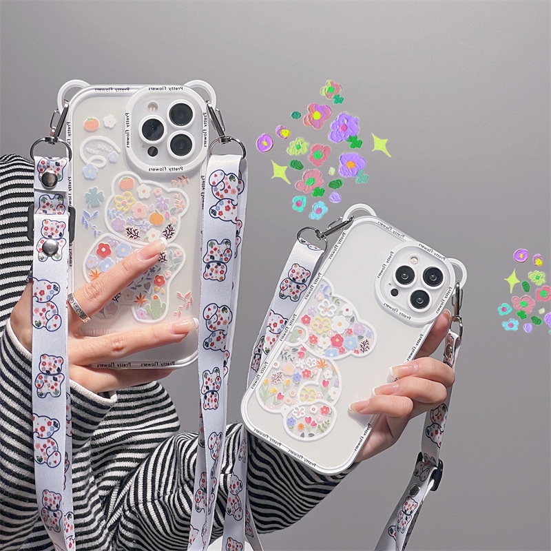 Ốp Điện Thoại Mềm Trong Suốt In Hình Gấu Có Dây Đeo Chéo Cho iPhone 13 Pro Max 12 11 iPhone X XS Max XR 7 8 Plus