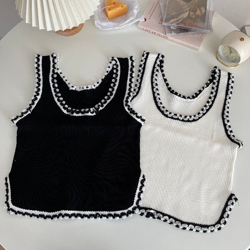 Áo IELGY dệt kim sát nách dáng rộng cổ chữ u màu tương phản thời trang cho nữ