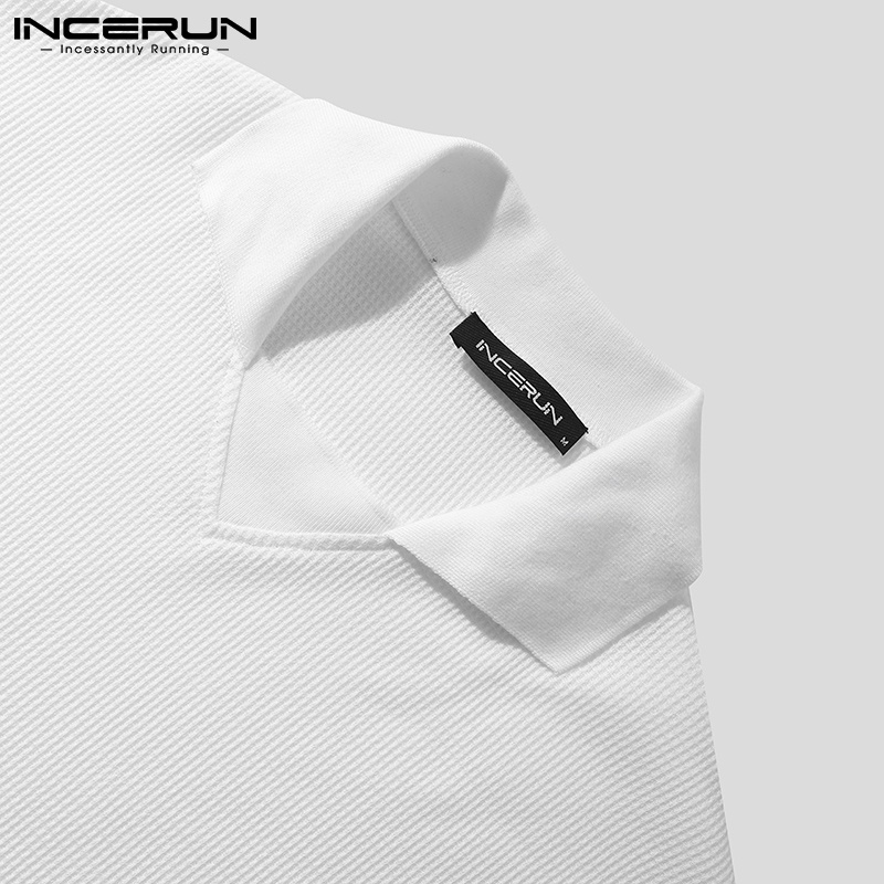Áo thun INCERUN tay ngắn cổ áo bẻ dáng rộng màu trơn phong cách Hàn Quốc thời trang dành cho nam