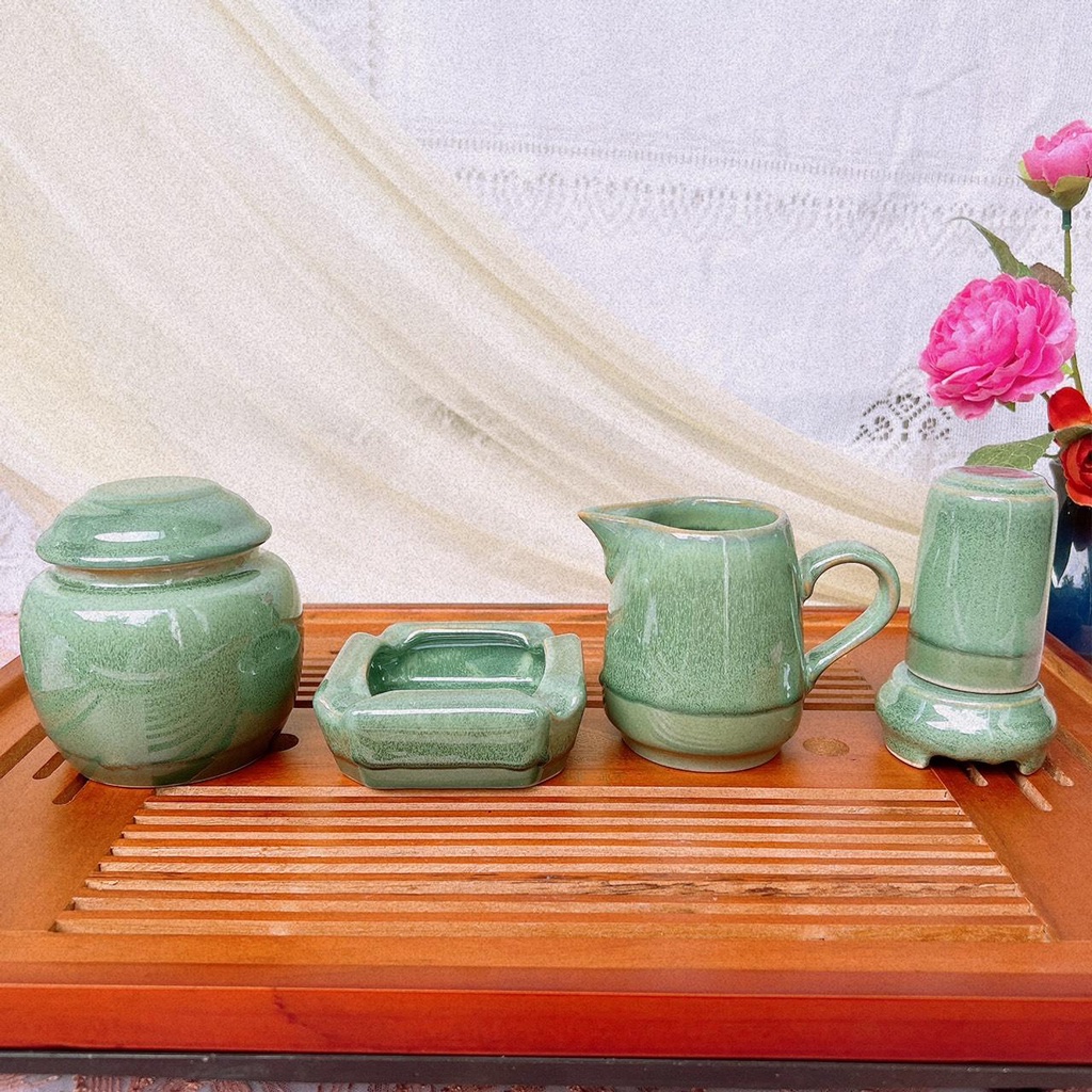Bộ Ấm Trà ⚱ Gốm Sứ Bát Tràng ⚱ Bộ Ấm Chén Chóp Xanh Thiên Thanh Decor Cao Cấp Gomphuquy Ac91
