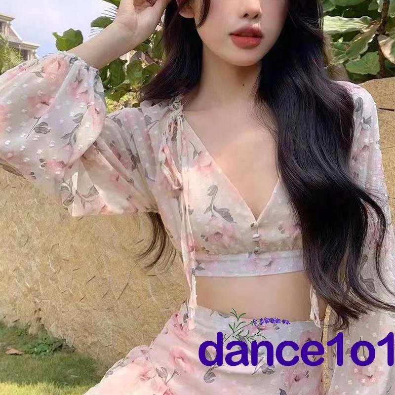 dance1o1-Women Summer Long Sleeve Deep V Neck Floral Crop Tops + Mini Skirt Set