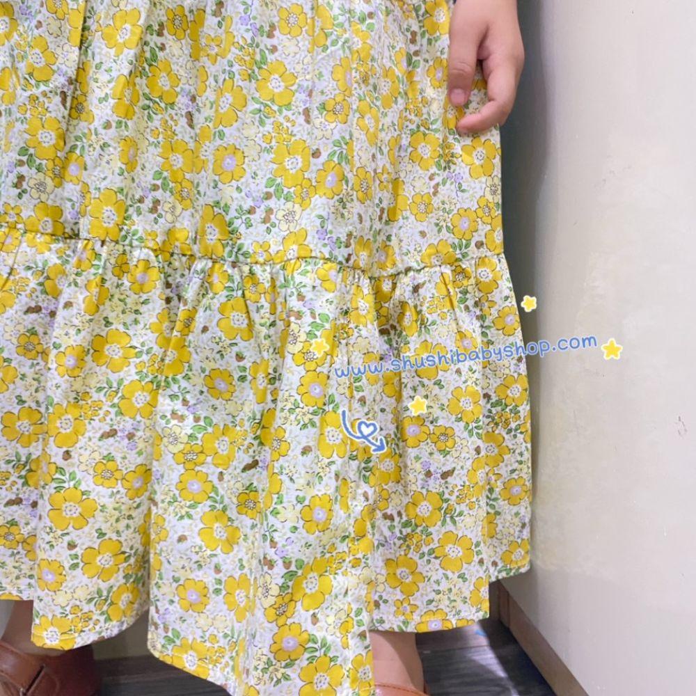 Set bé gái chân váy maxi hoa vàng + áo crotop cổ cách điệu xinh xắn dễ thương