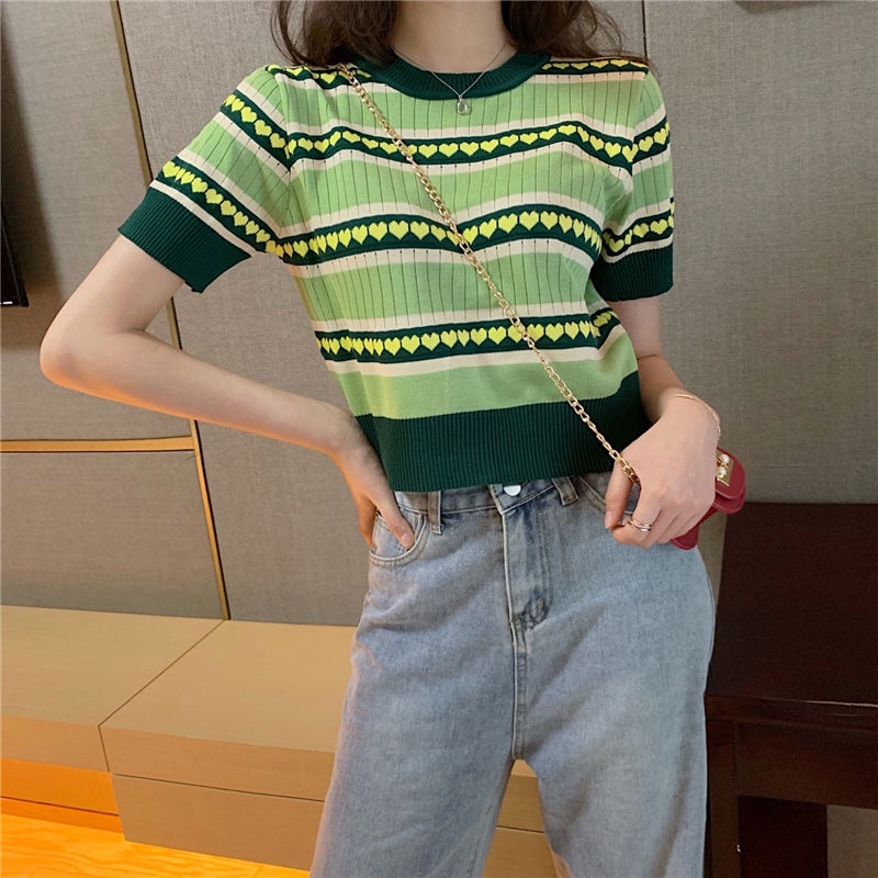 Áo Croptop Dệt Kim Tay Ngắn Cổ Tròn Màu Xanh Bơ Phong Cách Hàn Quốc Thời Trang Cho Nữ