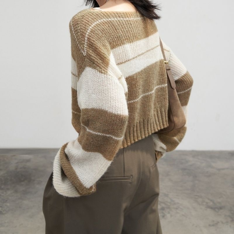 Áo Sweater Dệt Kim Tay Dài Dáng Rộng Cổ Đứng Kẻ Sọc Kiểu Hàn Quốc Thời Trang Xuân Thu Cho Nữ