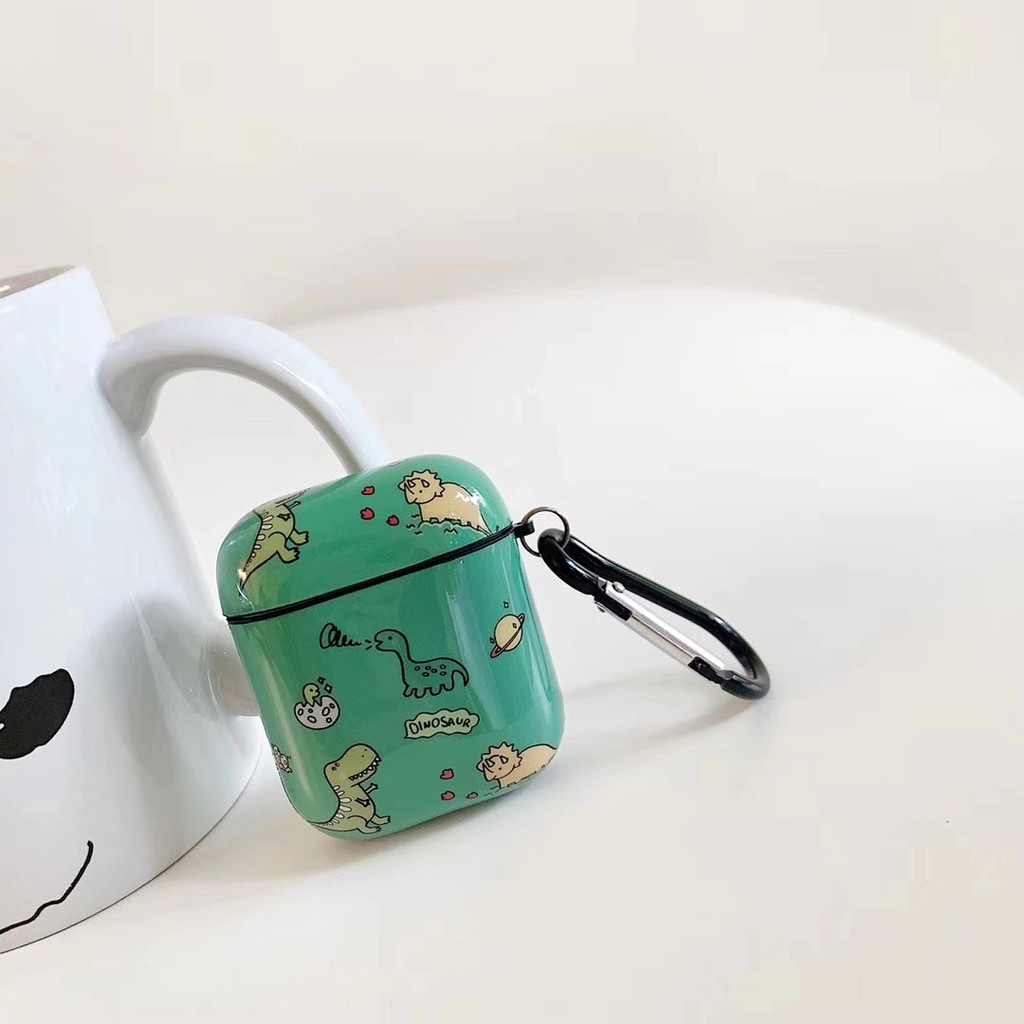 Túi đựng tai nghe Airpods Case có móc khóa họa tiết khủng long dễ thương Green AirPod Soft Case With Keychain