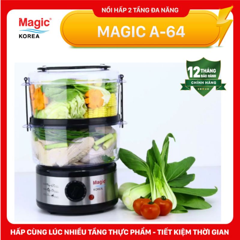 Máy Hấp Thực Phẩm Magic Korea A64 | Dung Tích Chứa 5L | Thiết Kế 2 Tầng Riêng Biệt | Công Suất 500W | Vừa Con Gà 1.2kg