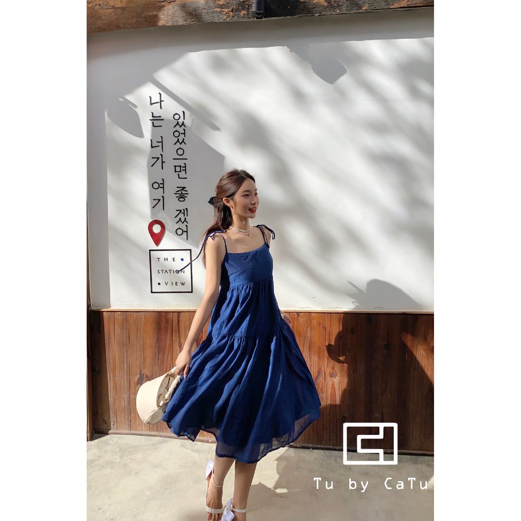 TUBYCATU | Đầm hai dây organza xanh đen hai tầng