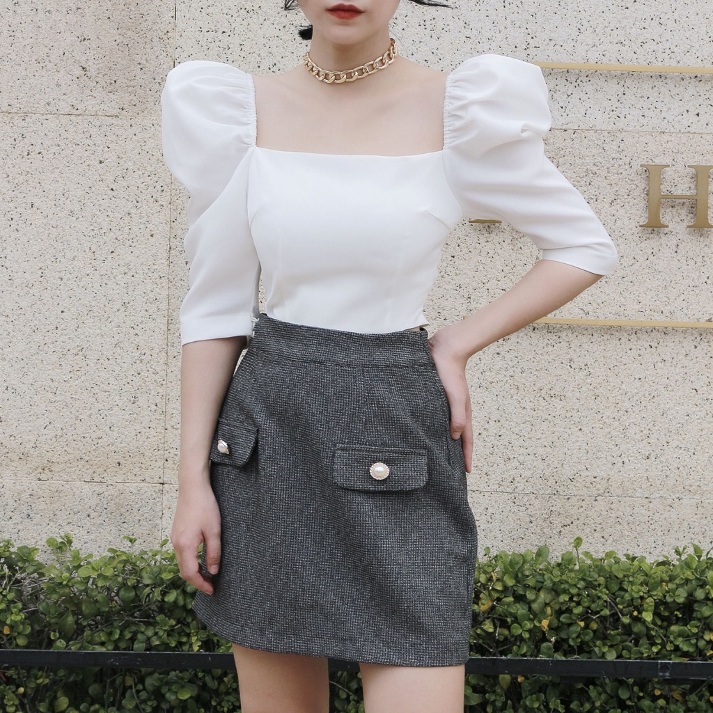 KIOBI - Chân váy Ibiza form mini, dáng váy chữ A, eo lưng cao, vải tweed mỏng xám muối tiêu - KIV20121MT