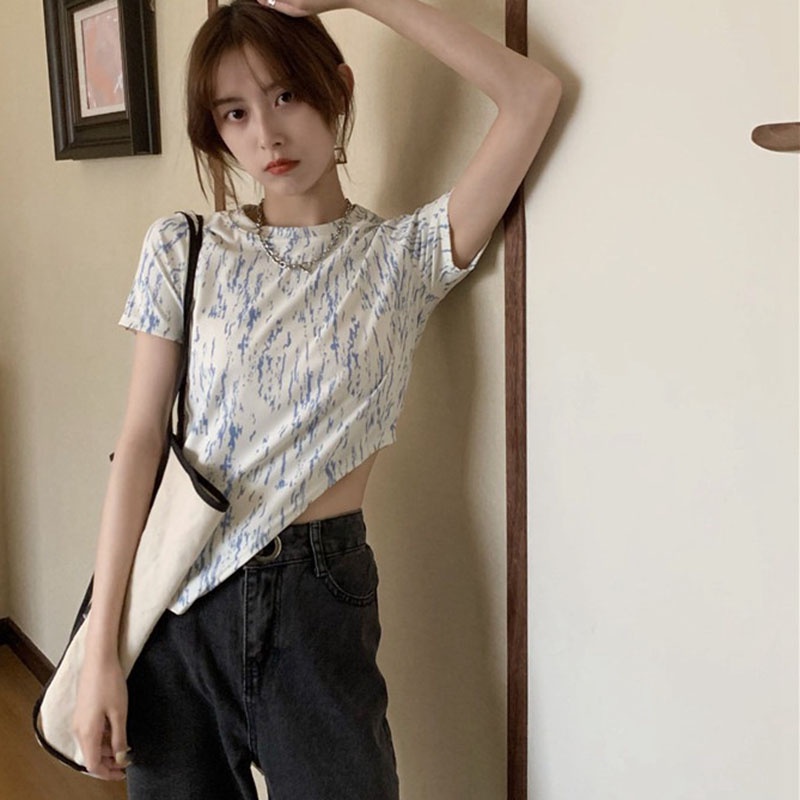 Áo thun IELGY tay ngắn dáng ôm màu nhuộm độc đáo phong cách Hàn Quốc thời trang cho nữ