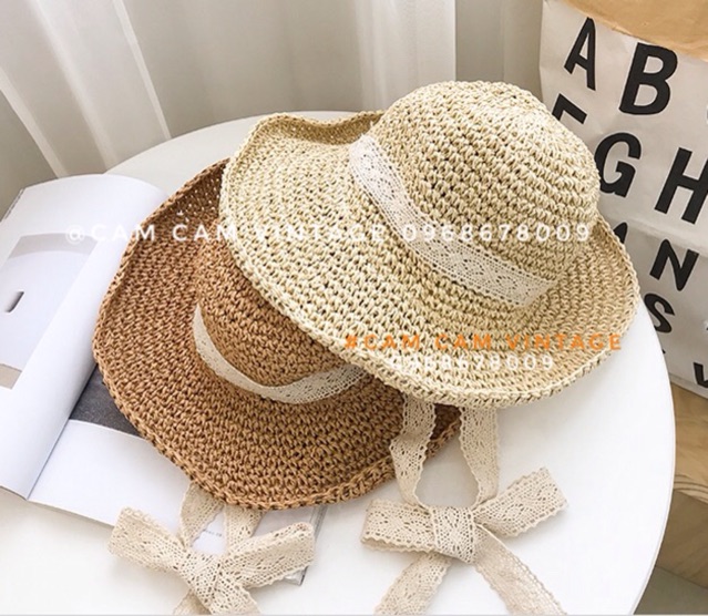 Mũ cói mềm vintage nơ ren tiểu thư đi biển nón cói mềm gấp gọn mang theo du lịch