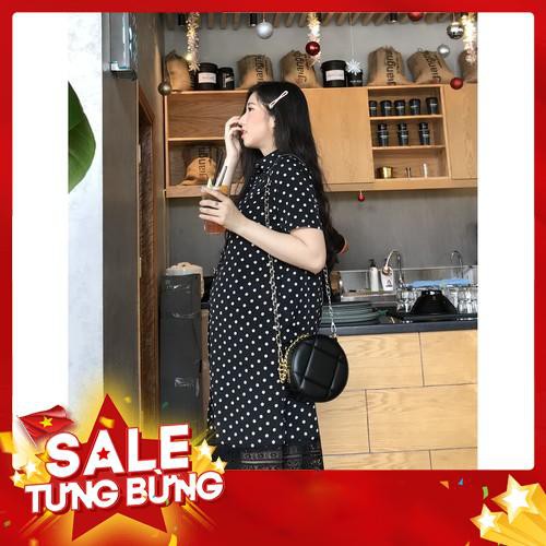 Đầm bầu sơ mi chấm bi chân ren -Hàng nhập khẩu