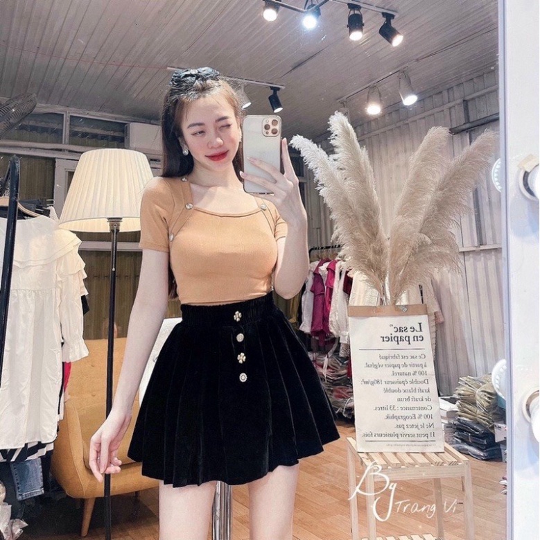 Áo kiểu nữ chất zip cao cấp cổ vuông đính khuy sang chảnh cá tính A582 Nội y xanh chất đẹp giá tốt