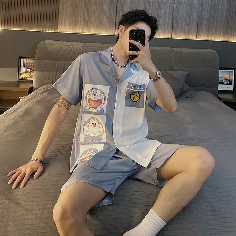 Bộ Đồ Ngủ Ngắn Tay Bằng Lụa Lạnh Họa Tiết Hoạt Hình Trẻ Trung Thời Trang Cho Nam