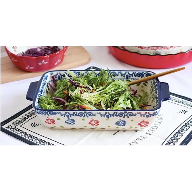 Khay sứ chữ nhật 2 tai hoa bướm