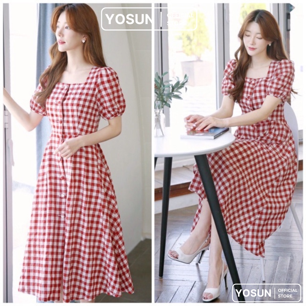 Đầm Nữ Dự Tiệc Họa Tiết Caro Dáng Xòe Nữ Tính, Váy Nữ Công Sở Tay Ngắn Cổ Vuông Thục Nữ Màu Đỏ