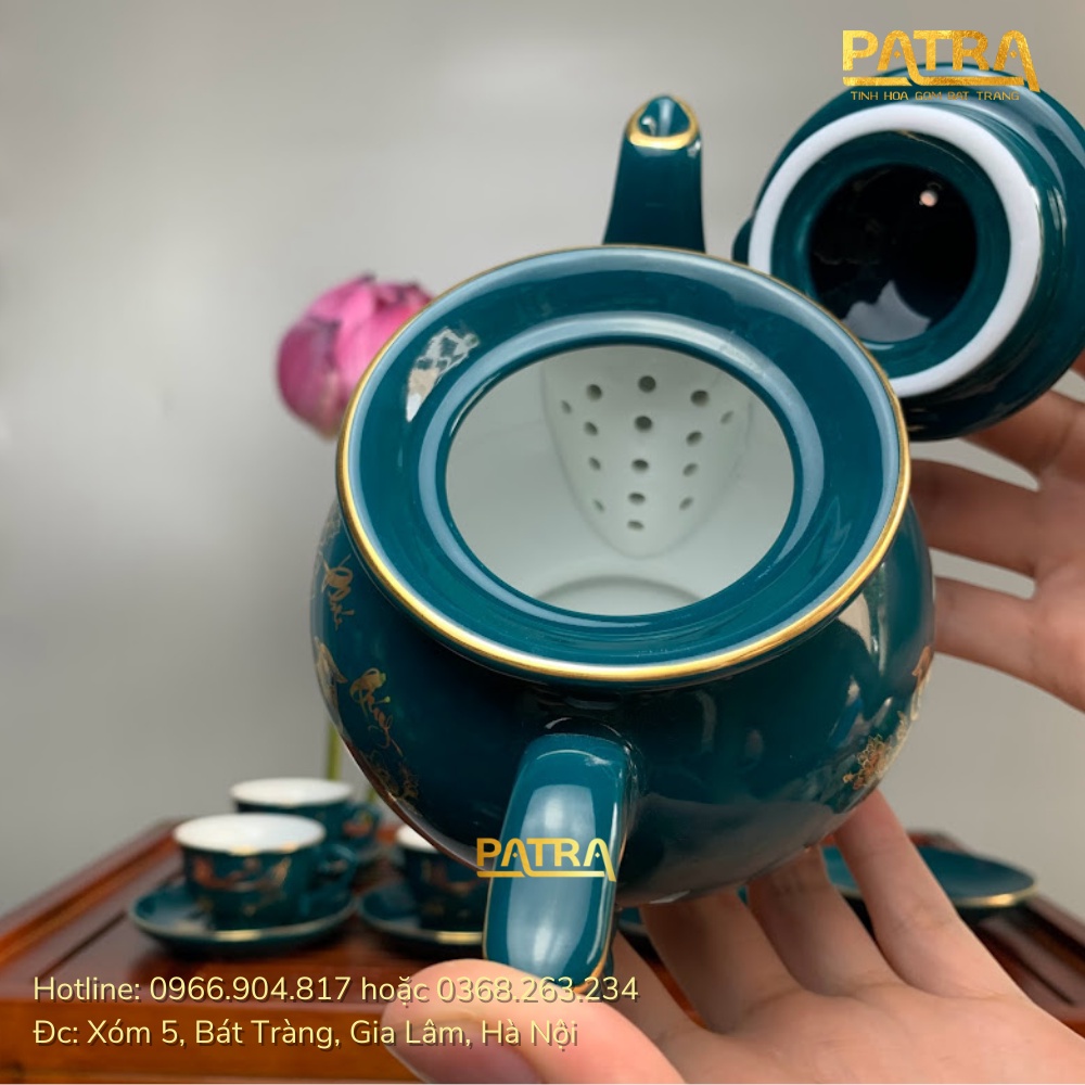 Bộ ấm chén uống trà Bát Tràng - vinh hoa phú quý xanh mallard