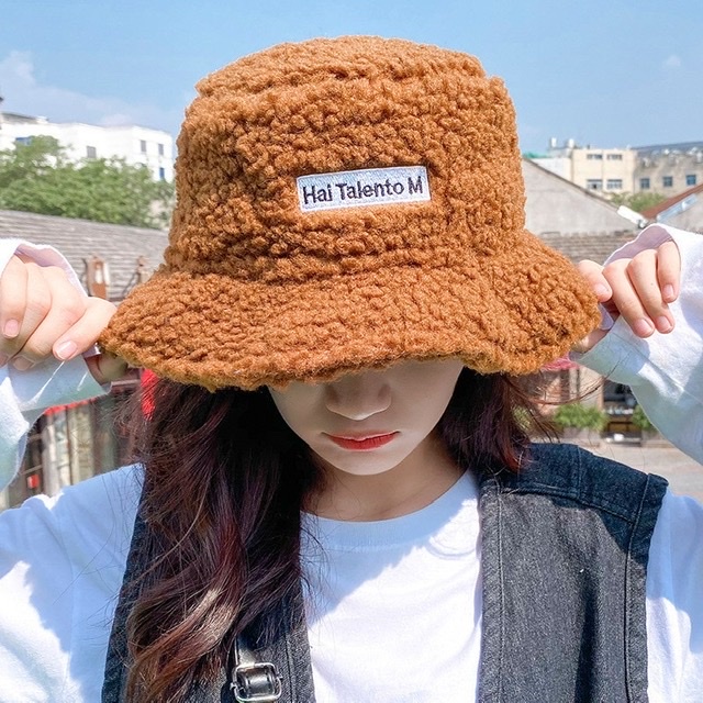 Mũ bucket lông cừu phong cách Hàn Quốc mềm mại mũ lông cừu nữ mềm