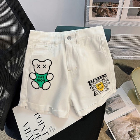 Quần Đùi Denim Ống Rộng Chữ A Hình Gấu Mới Mùa Hè Cho Nữ