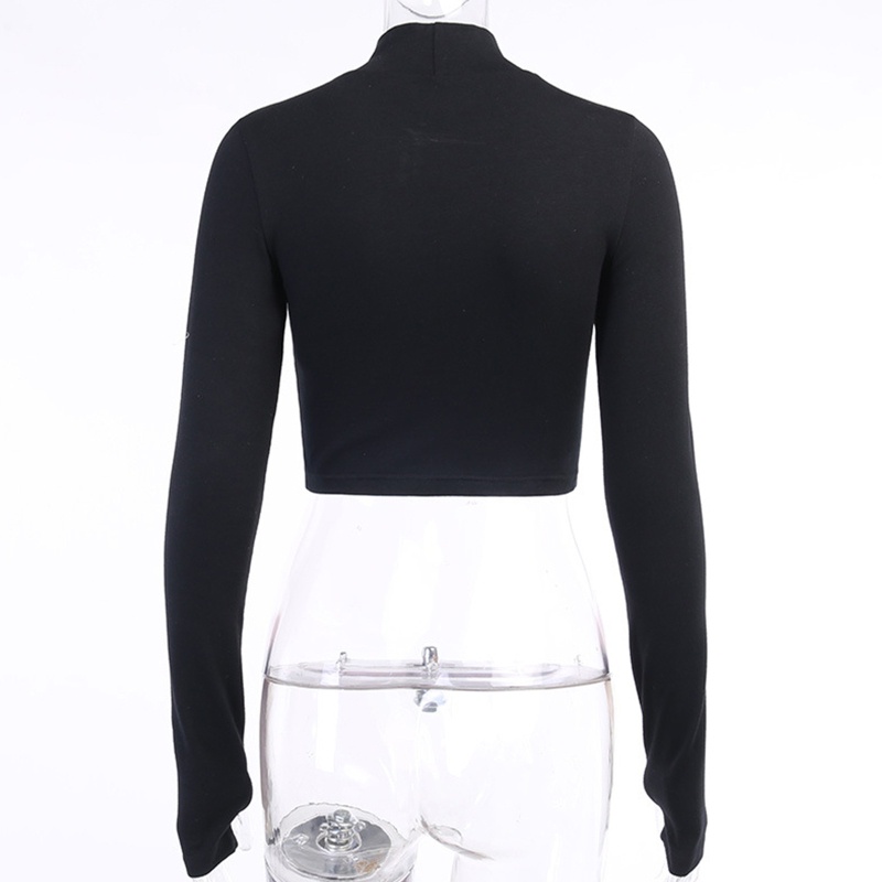 Áo Croptop Tay Dài Cổ Lọ Màu Đen Thêu Chữ Phong Cách Gothic