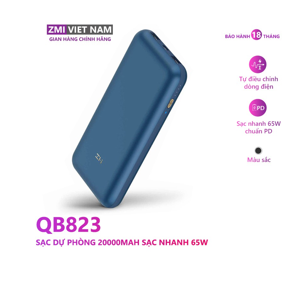 Sạc Dự Phòng ZMI QB823 20000mAh Sạc Nhanh 65W, 2 Cổng USB A, 1 Type C| Bảo Hành 18 Tháng