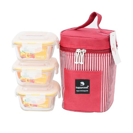 Bộ Hộp Cơm Thủy Tinh Vuông, Kèm Túi Giữ Nhiệt Happy Cook 3 PCS 320ml ( giao túi ngẫu nhiên)