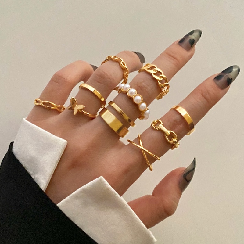 Set 10 nhẫn hình bướm đính ngọc trai thời trang cho nữ