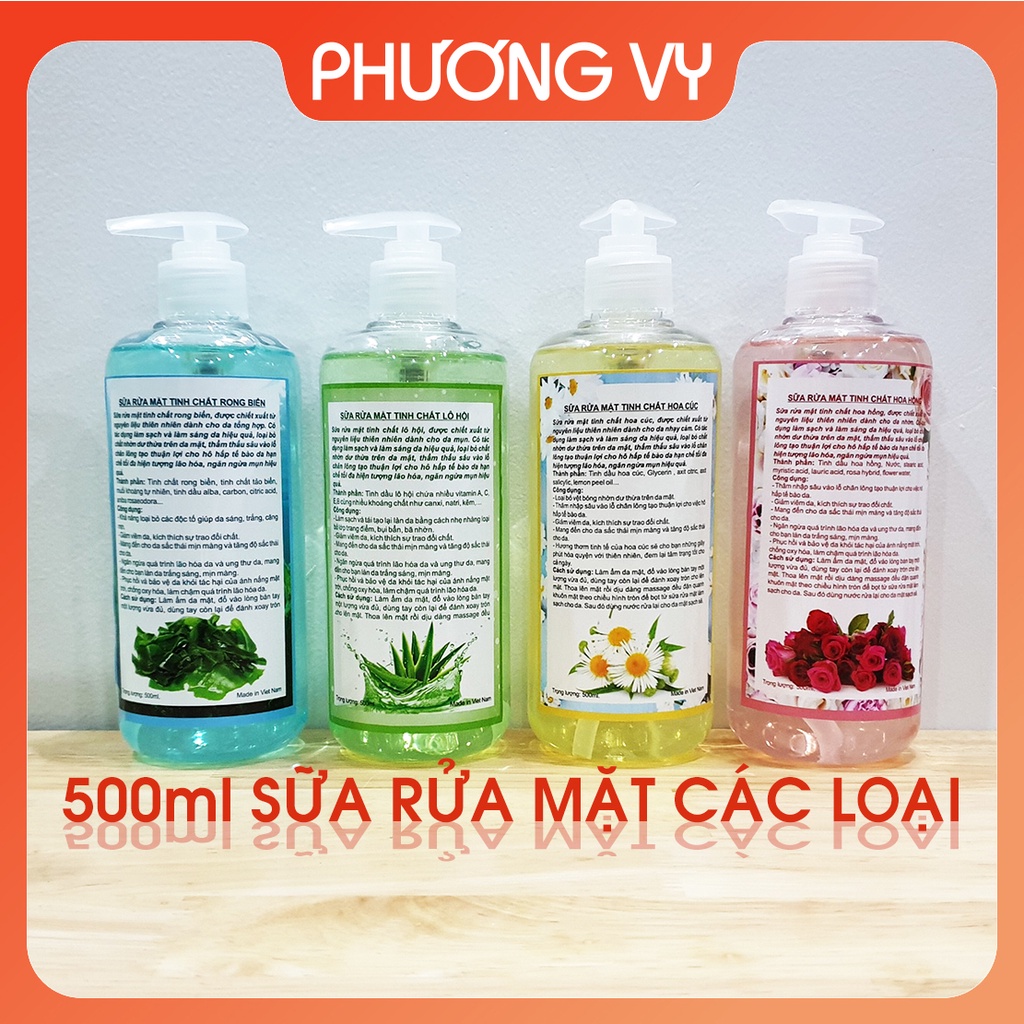Sữa rửa mặt các loại 500ml cho Spa, hoa hồng, hoa cúc, lô hội, rong biển.