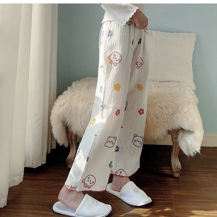 Quần dài nữ mặc nhà, mặc ngủ vải xô cotton mềm nhẹ họa tiết gấu