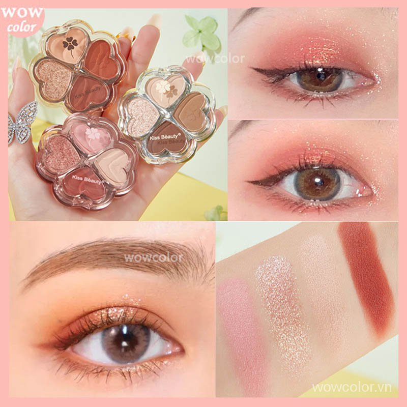 [Hàng mới về] Bảng phấn mắt Kissbeauty có 4 màu lì và ánh ngọc trai kết hợp với thiết kế hình cỏ bốn lá độc đáo