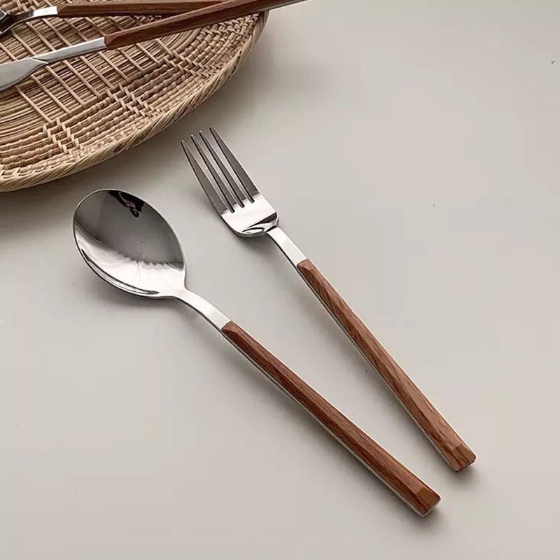 Muỗng/ nĩa/ dao bằng thép không gỉ cán gỗ phong cách Hàn Quốc