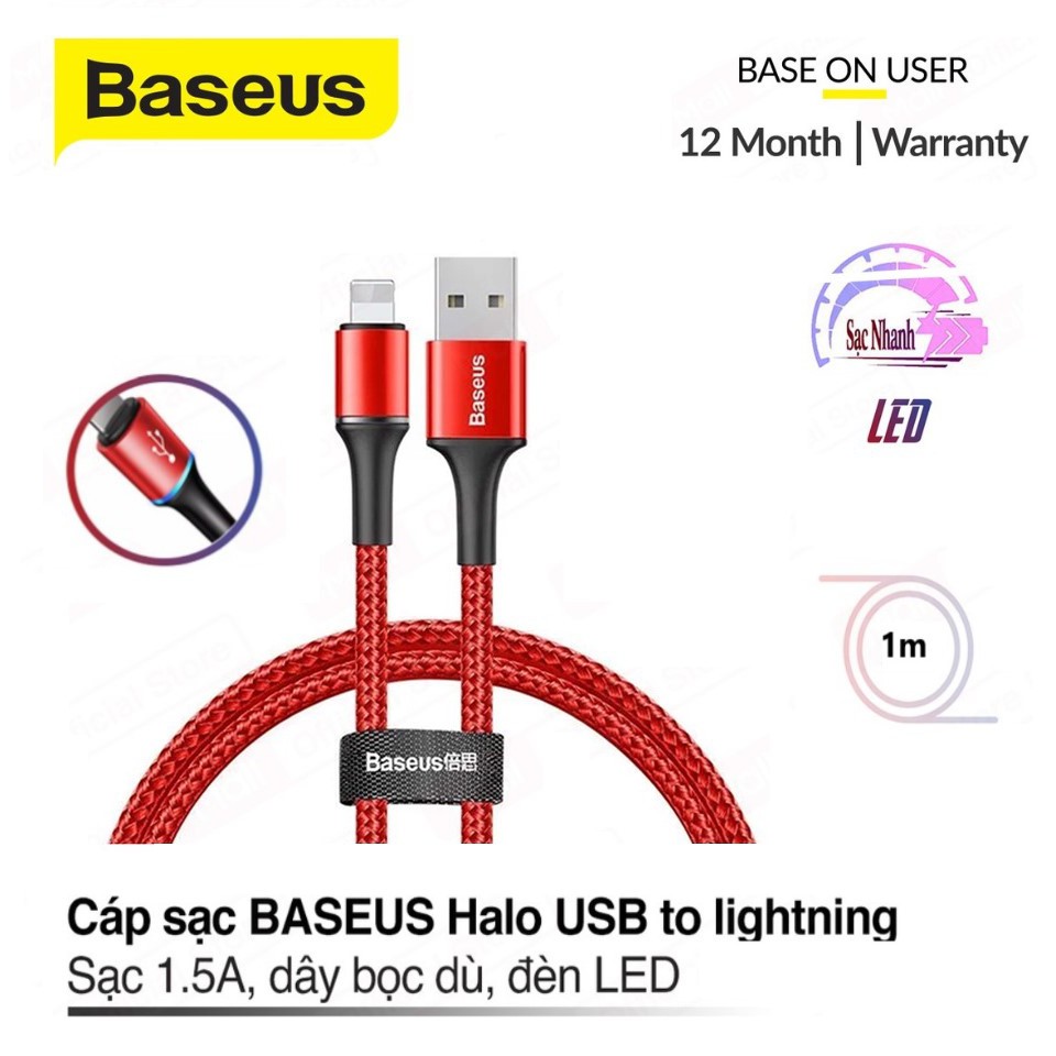 Cáp sạc BASEUS Halo Data USB to Lightning dành cho iPhone/iPad sạc nhanh  dây bọc dù, có đèn LED khi sạc