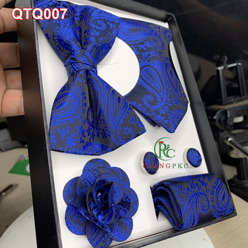 Set cà vạt họa tiết + măng séc + khăn cài áo sang trọng + nơ  họa tiết gấm nổi  Giangpkc qtp007