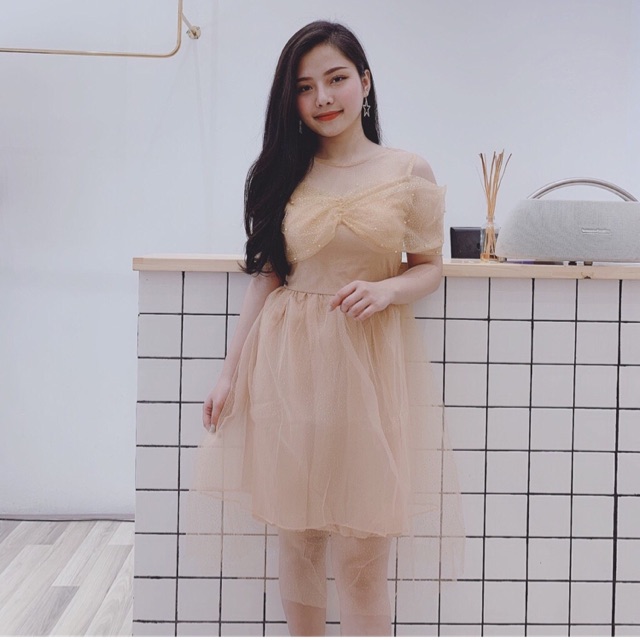 Váy đầm nữ ❤FREESHIP❤ Đầm ren kim sa đính ngọc trễ vai tiểu thư màu da, hồng - váy ren mềm bên trong có lót kèm ảnh thật