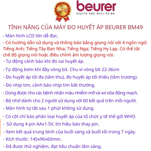 Máy đo huyết áp bắp tay tự động Beurer BM49, máy đo huyết áp đức, hẹn giờ đo, lưu kết quả 2 người, 4 ngôn ngữ