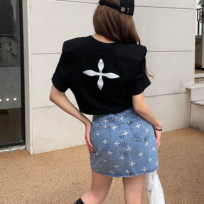 Jiashucheng Chân Váy Denim Chữ a Lưng Cao In Họa Tiết Thời Trang Mùa Hè Dành Cho Nữ