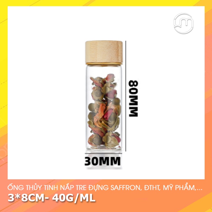 3*8cm- Ống thủy tinh nắp vặn tre, chống tràn, đáy bằng đựng saffron, ĐTHT, mỹ-dược phẩm...