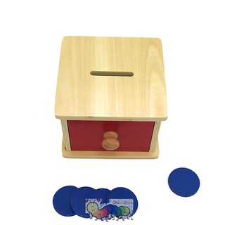 Hộp ngăn kéo với miếng hình tròn dẹt, thả đồng xu dẹt vào hộp gỗ có lỗ - Giáo cụ montessori cho trẻ từ 0 đến 3 tuổi