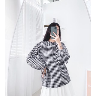 sơ mi caro cổ sen tay nơ