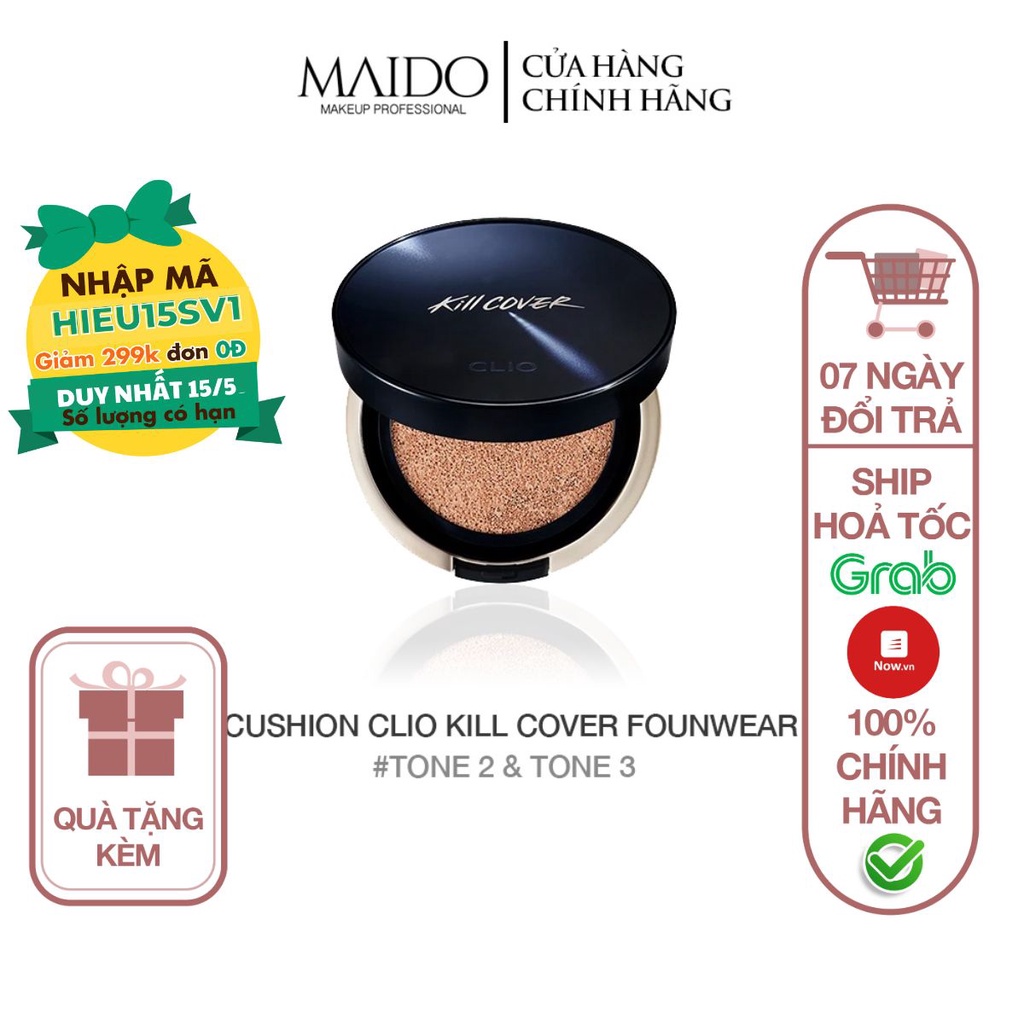 Phấn nước CLIO Kill Cover Founwear Cushion All New Set trang điểm chống nắng (+ Refill) - SPF 50+ PA +++ MAIDO COSMETICS