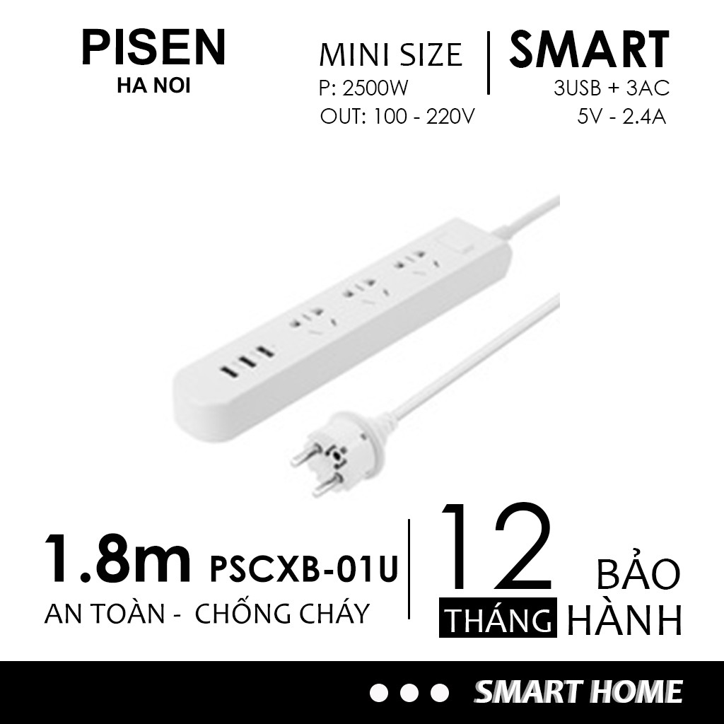 Ổ cắm điện đa năng thông minh Pisen PSCXB-01U (3 USB; 3 AC) 1,8 met