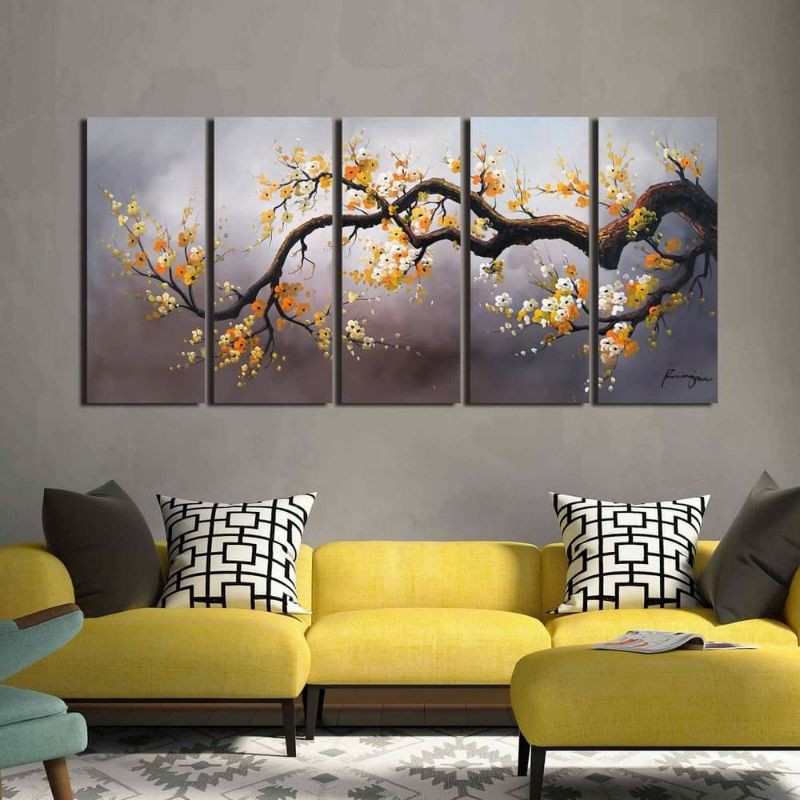 Bộ Tranh 5 tấm- Hình hoa đào, Thiết kế tách rời từng tấm, Tạo sự chuyển tiếp, hiện đại cho không gian