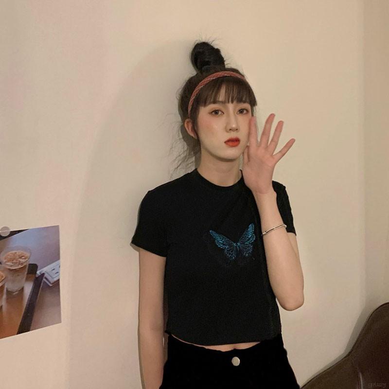 Áo Thun Tay Ngắn Thêu Hình Bướm Phong Cách Retro Hàn Quốc