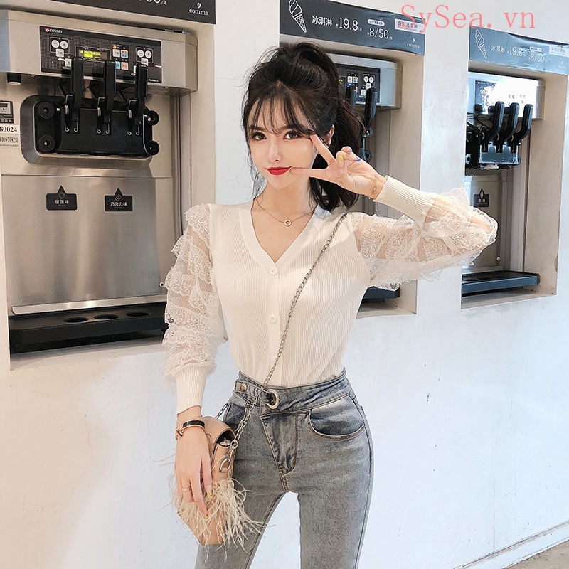 Áo khoác len tay dài xẻ cổ chữ V phong cách thời trang cho phái nữ