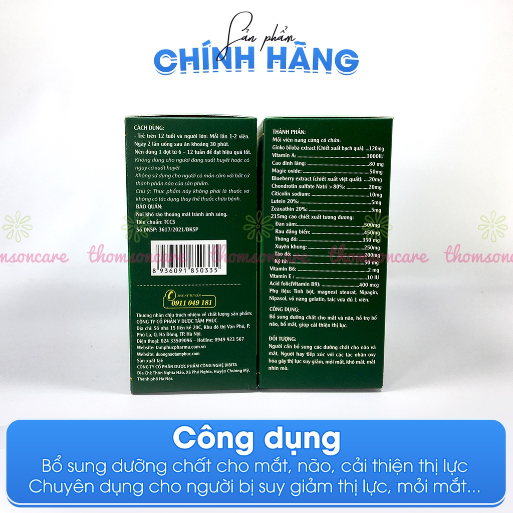 Viên uống bổ mắt dưỡng não Brain Eyes lọ 60 viên từ Ginkgo Biloba, lutein sáng mắt và cao đinh lăng