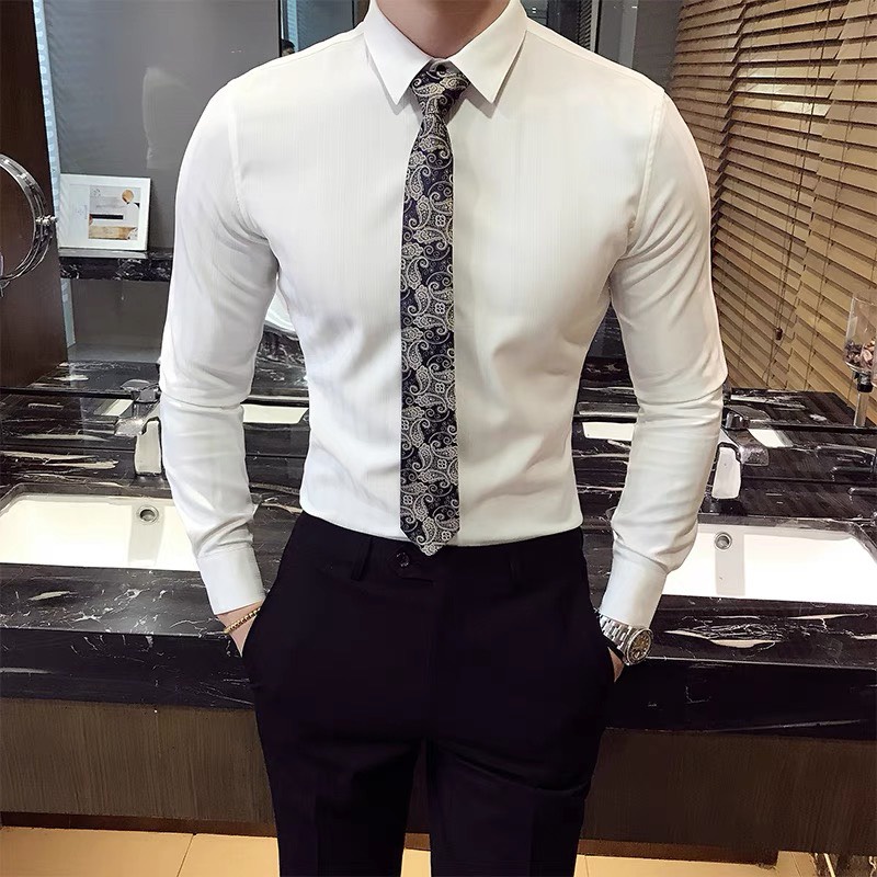 Áo Sơ Mi Nam Dài Tay Dáng Ôm Body Cổ Bẻ Phong Cách Ý Chất Vải Lụa Nến, không nhăn xù thấm Hút tốt.
