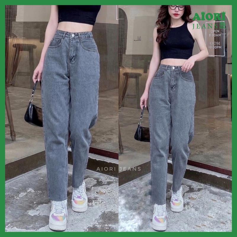 Quần Jean Nữ Aiori Fashion Baggy Lưng Cao Trơn Màu Xám Jean Bò Cạp Cao Lai Tua Phong Cách Thời Trang Hàn Quốc_Mã 080