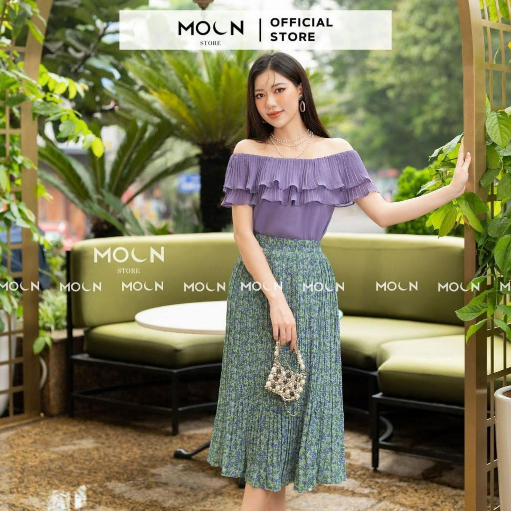 Áo trễ vai chân váy 𝐌𝐎𝐎𝐍 công sở du lịch áo chất chiffon trễ vai mix chân váy chiffon voan mỏng MA175-MCV366
