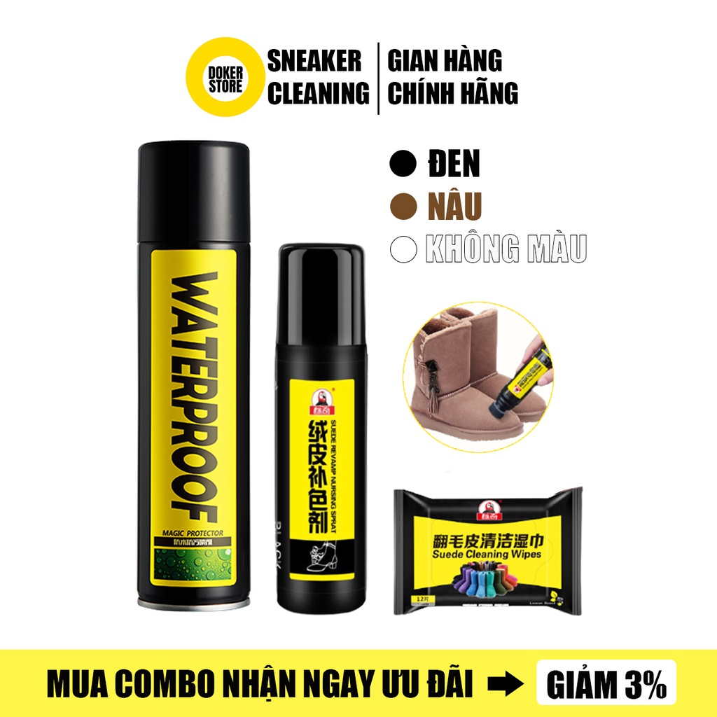 Combo Xi đánh giày ,khăn lau vệ sinh giày da lộn đa năng và Xịt chống nước Suede Cleaning Kit Plus