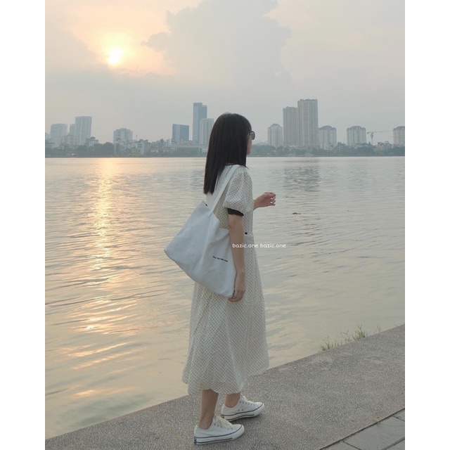 Váy babydoll dài Chấm Bi nhí, váy babydoll dài Hàn Quốc Bazic one